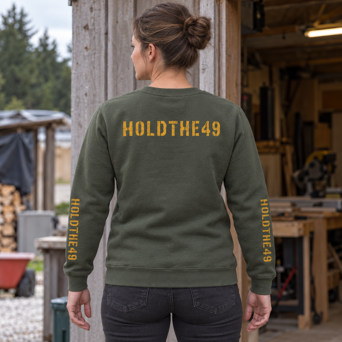 HOLDTHE49 Vintage Military Stencil Crewneck Full Print, lifestyle photo 2