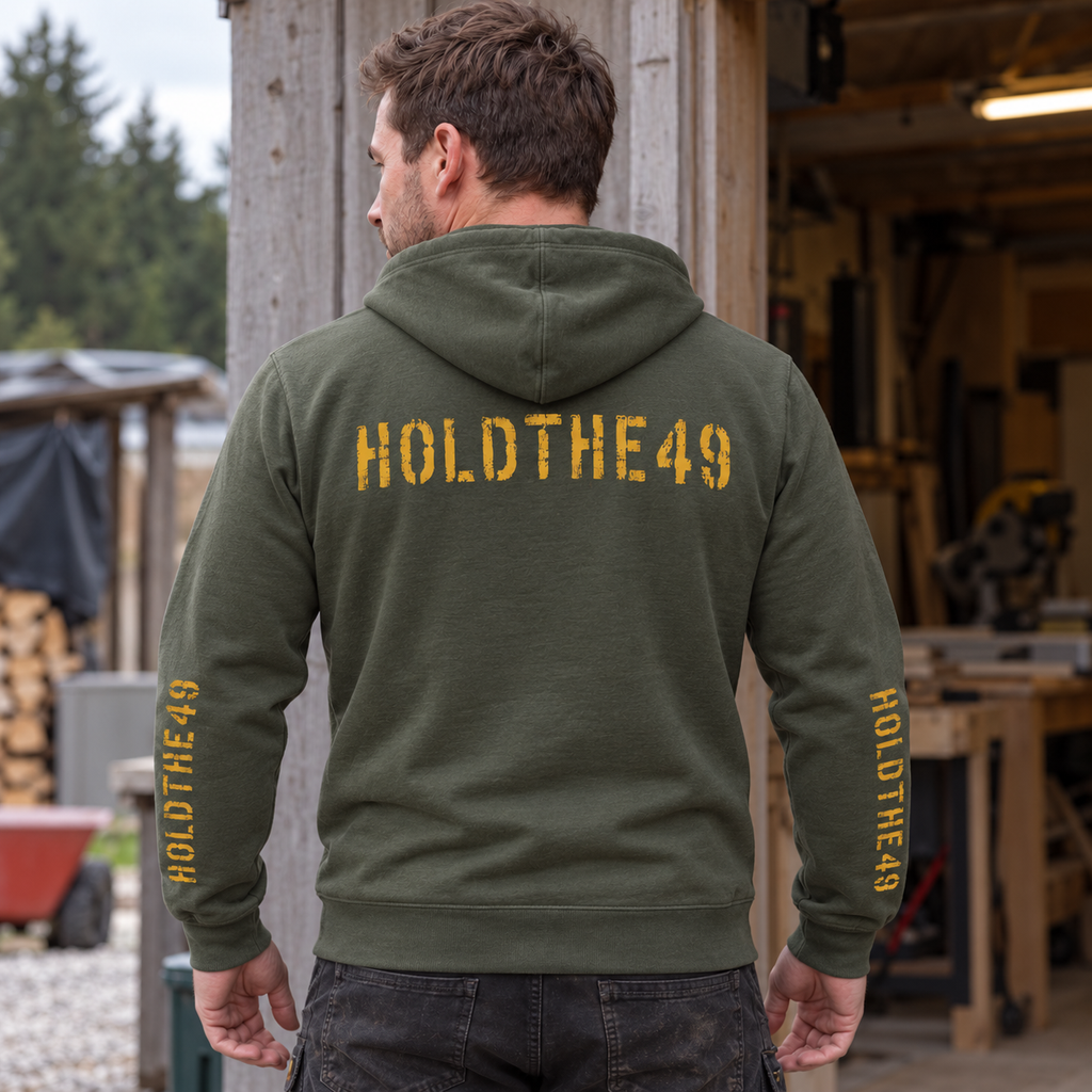 HOLDTHE49 Vintage Military Stencil Hoodie Full Print, lifestyle photo 2