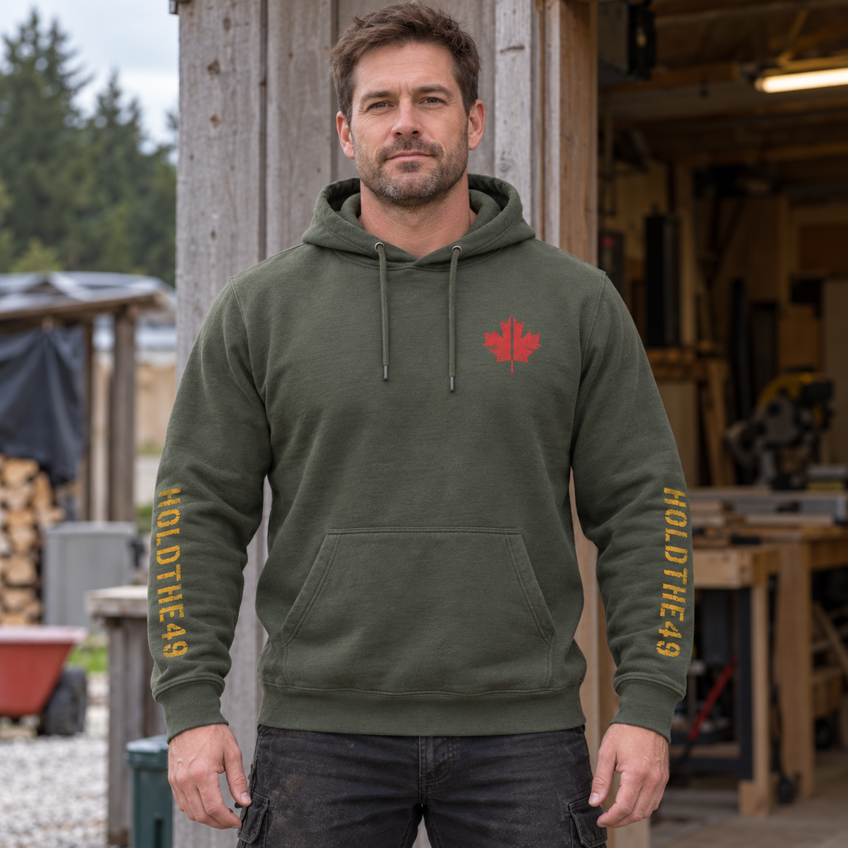 HOLDTHE49 Vintage Military Stencil Hoodie Full Print, lifestyle photo 1