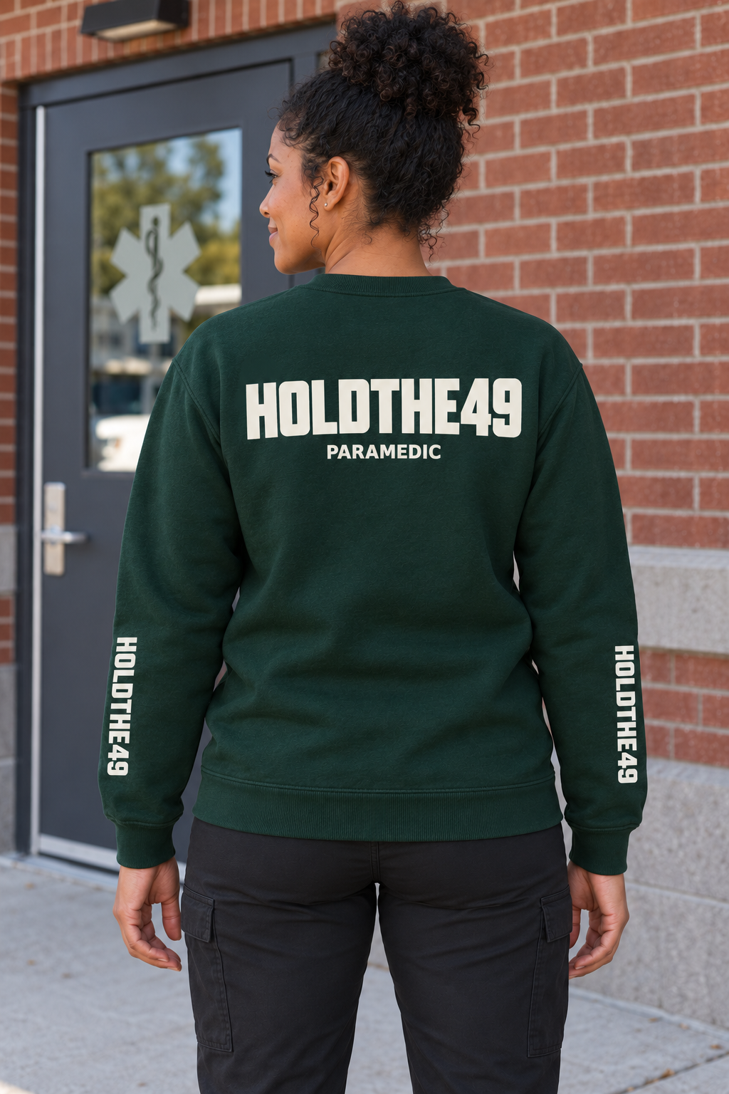 HOLDTHE49 Services Paramedic Full Print Crewneck, lifestyle photo