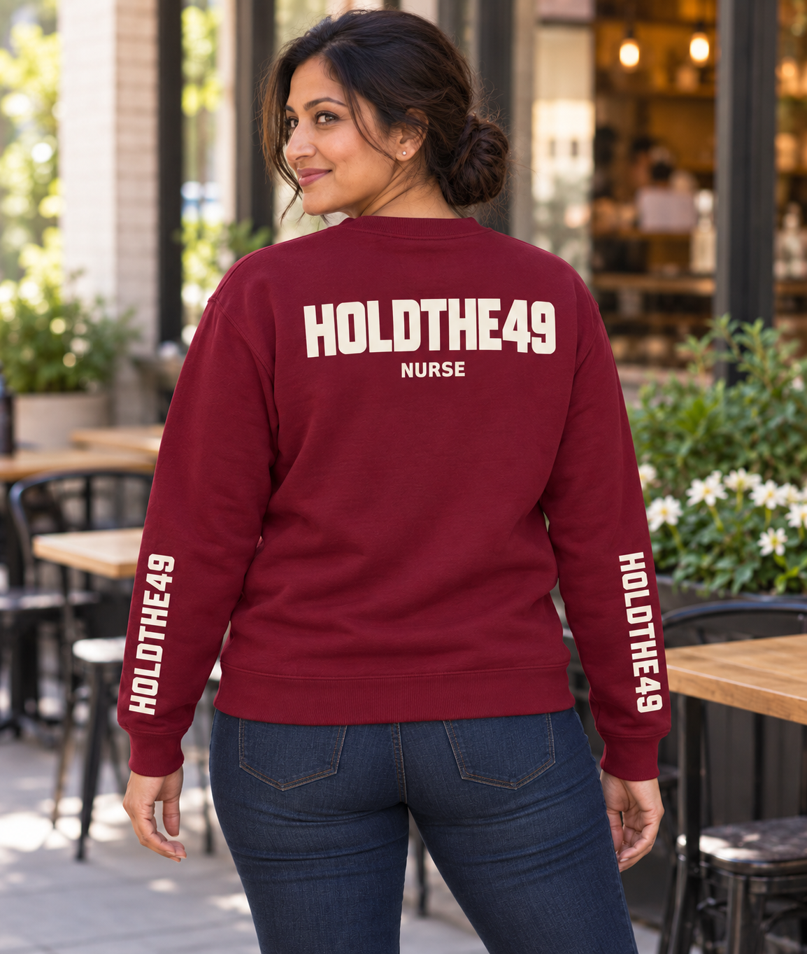 HOLDTHE49 Services Nurse Full Print Crewneck, lifestyle photo
