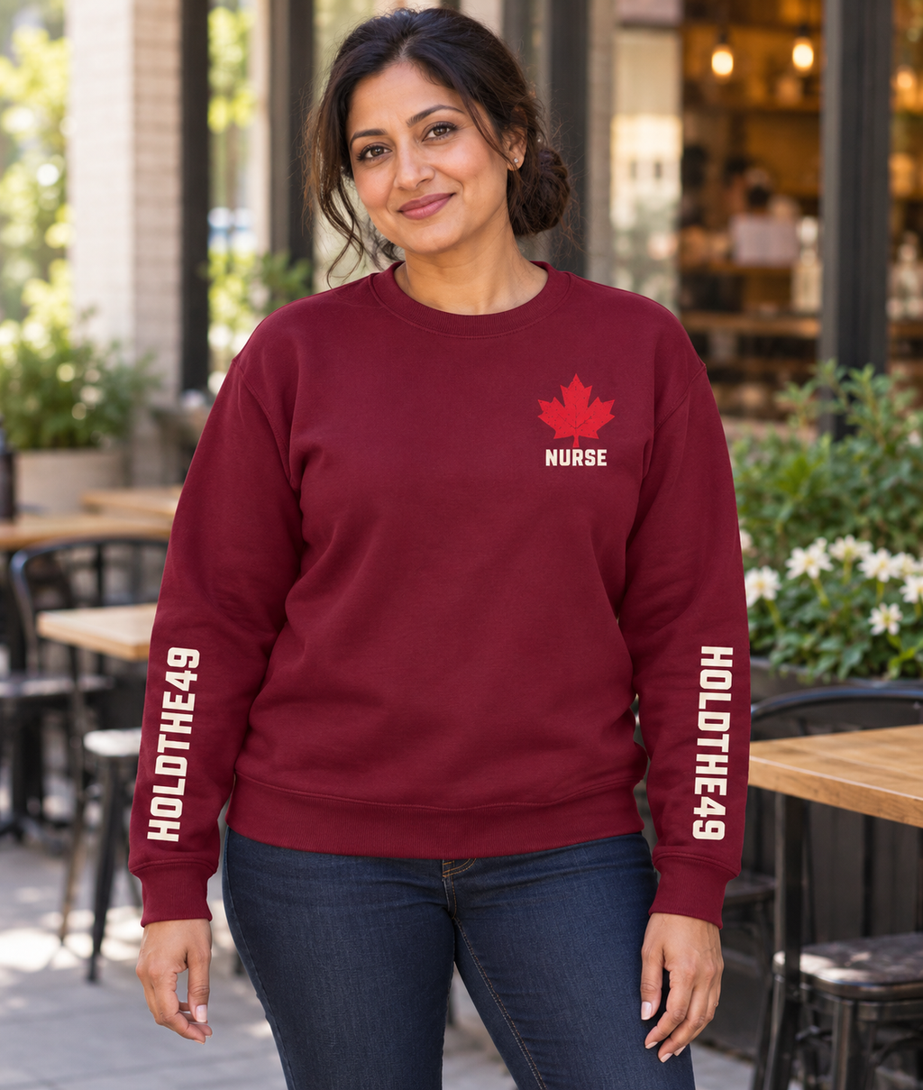 HOLDTHE49 Services Nurse Full Print Crewneck, lifestyle photo