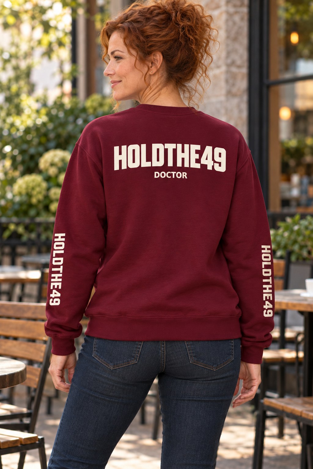 HOLDTHE49 Services Doctor Full Print Crewneck, lifestyle photo