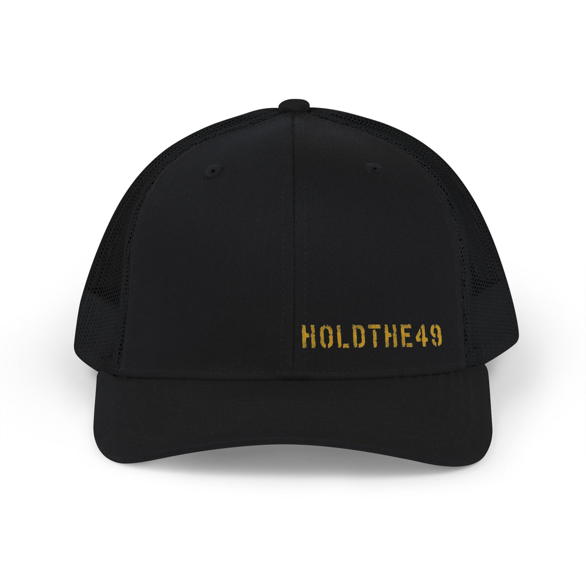 HOLDTHE49 Snapback Trucker Cap in Black / Black