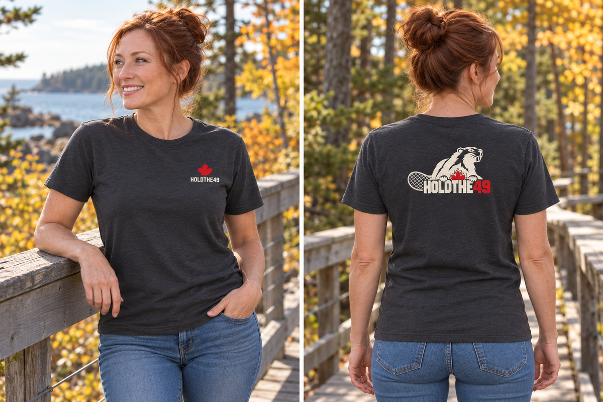 HOLDTHE49 Angry Beaver Tee, front and back lifestyle photo