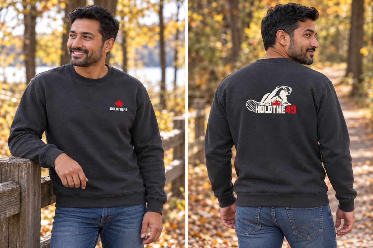 HOLDTHE49 Angry Beaver Crewneck, front and back lifestyle photo