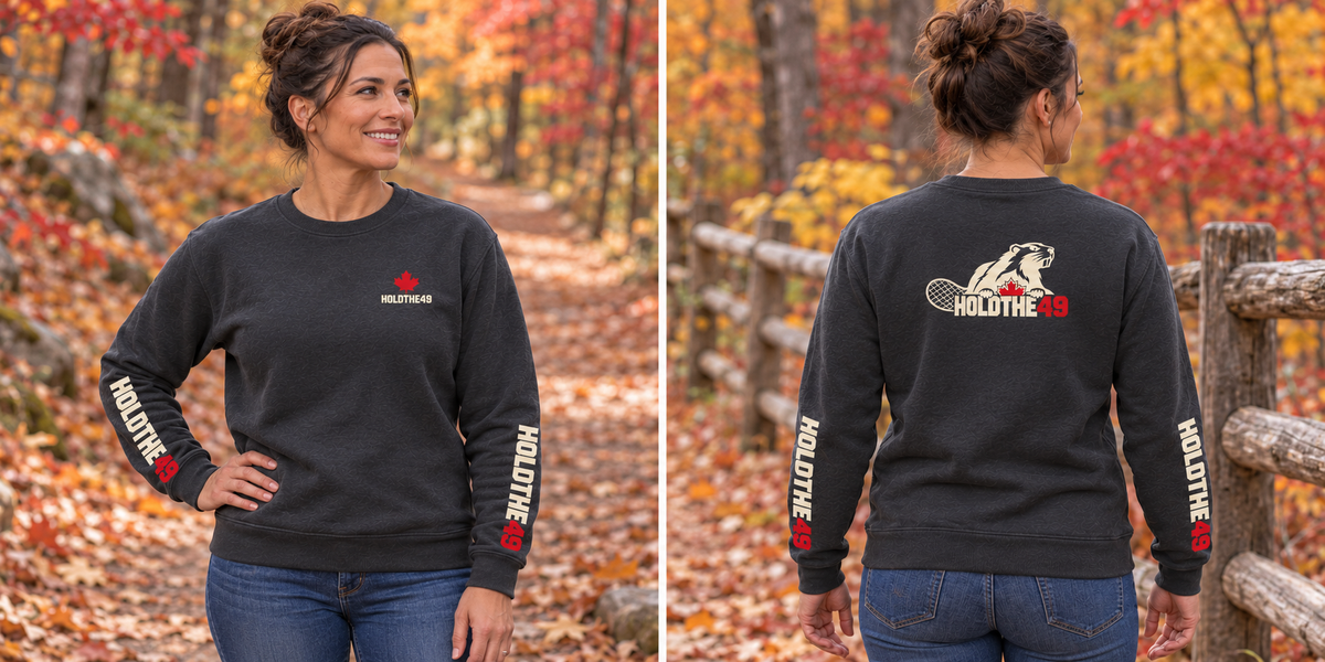 HOLDTHE49 Angry Beaver Full Print Crewneck, front and back lifestyle photo