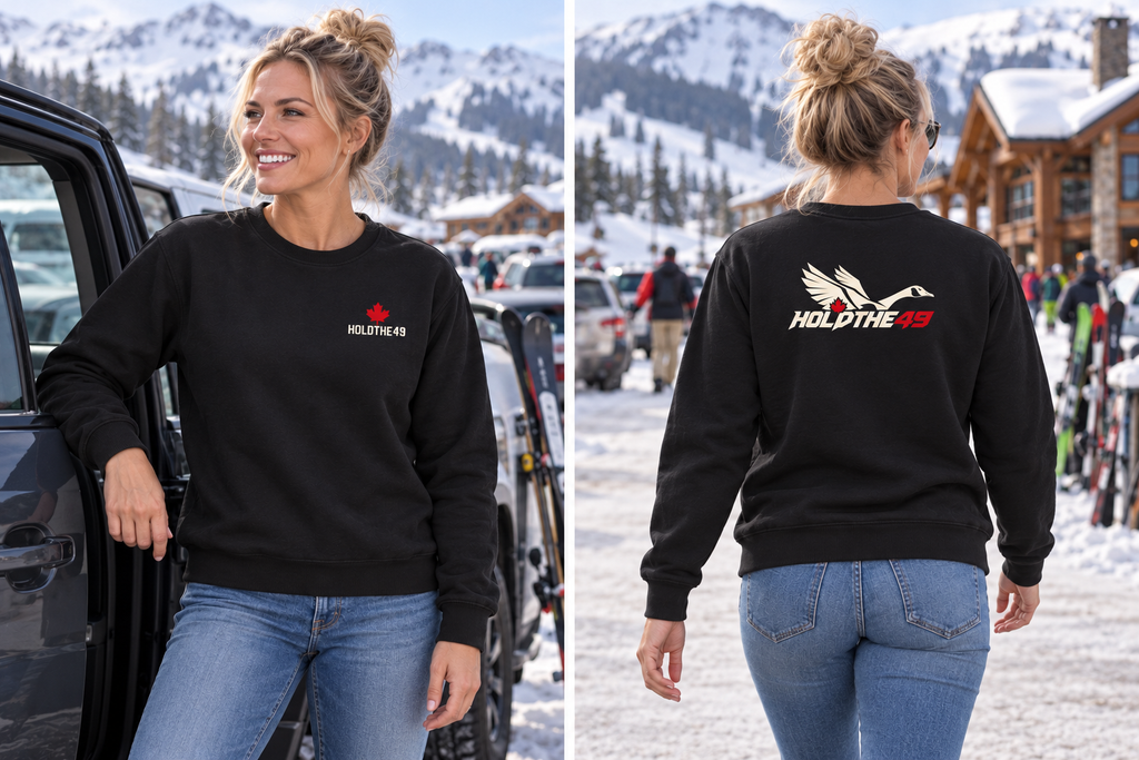 HOLDTHE49 Predator Goose Crewneck, front and back lifestyle photo