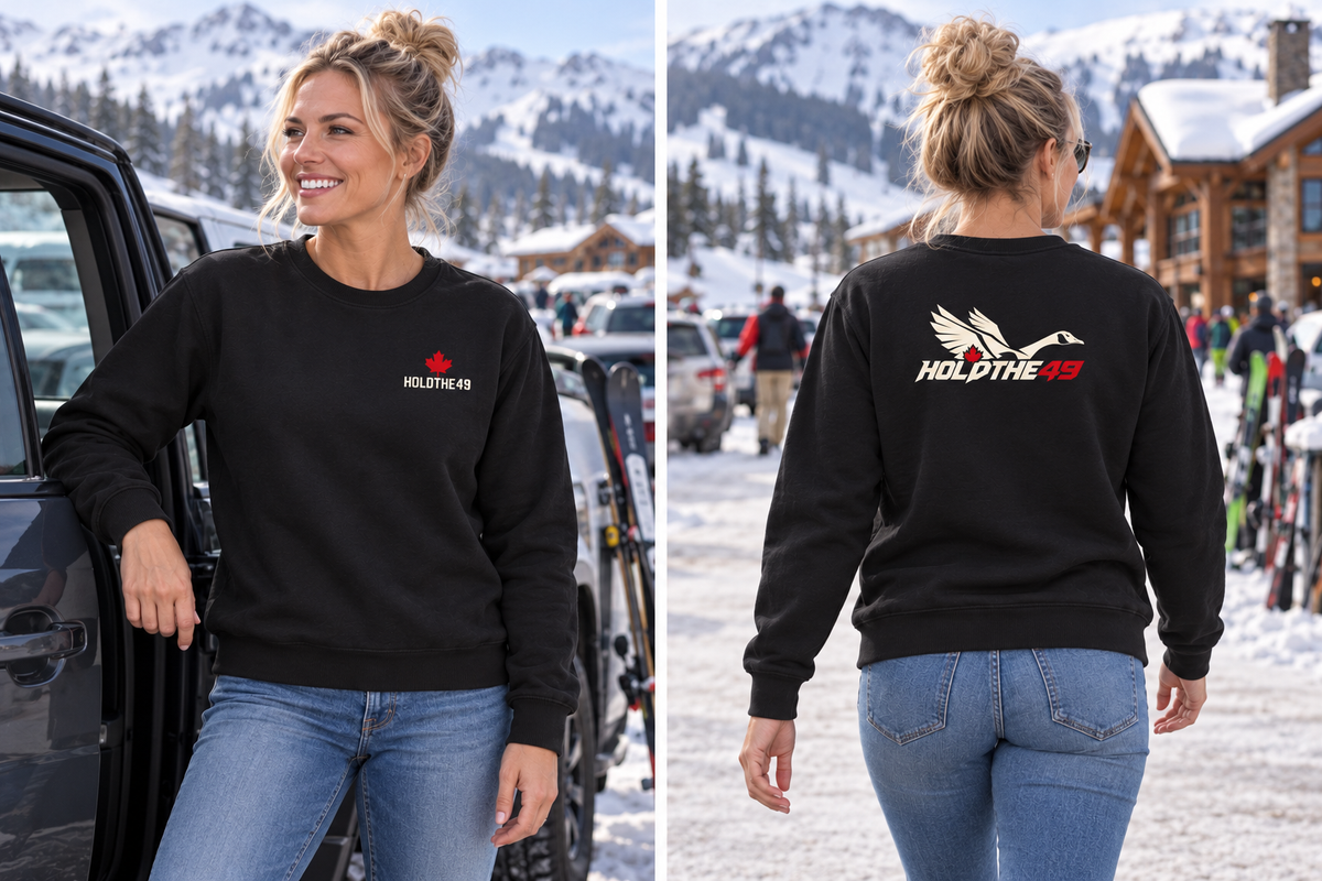 HOLDTHE49 Predator Goose Crewneck, front and back lifestyle photo