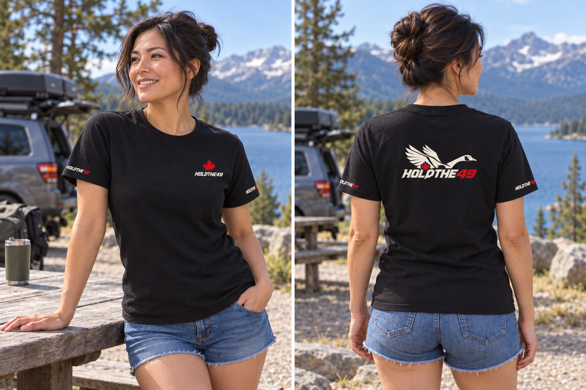 HOLDTHE49 Predator Goose Full Print Tee, front and back lifestyle photo