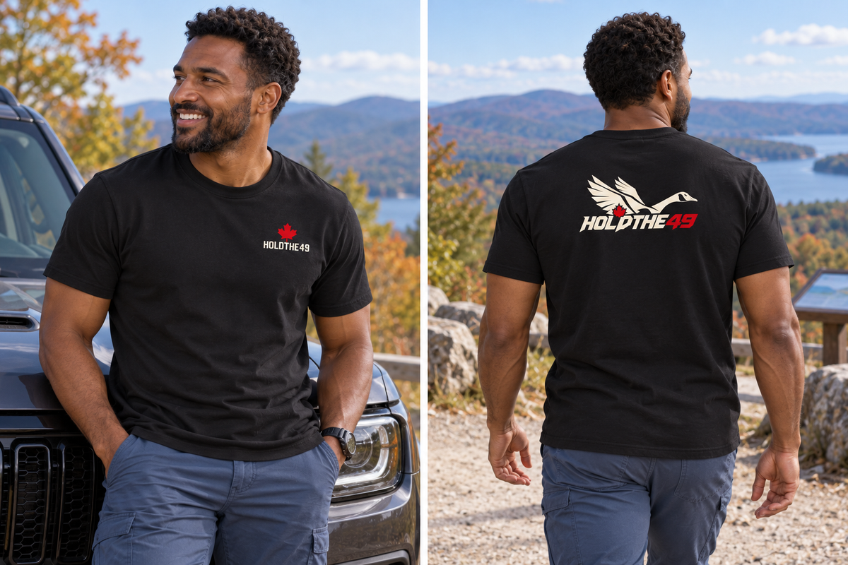 HOLDTHE49 Predator Goose Tee, front and back lifestyle photo