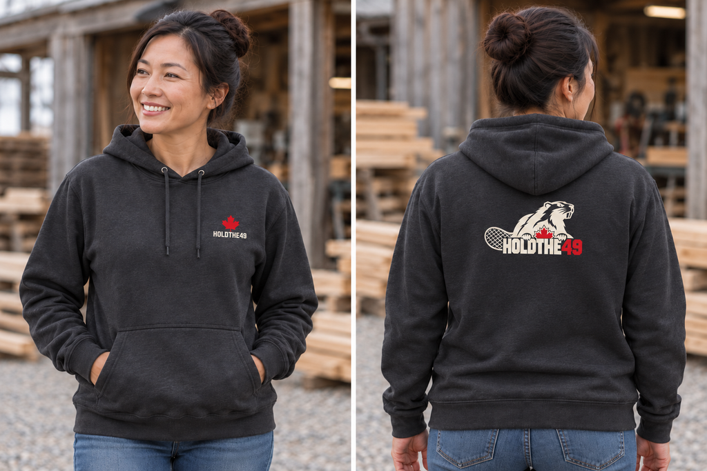 HOLDTHE49 Angry Beaver Hoodie, front and back lifestyle photo
