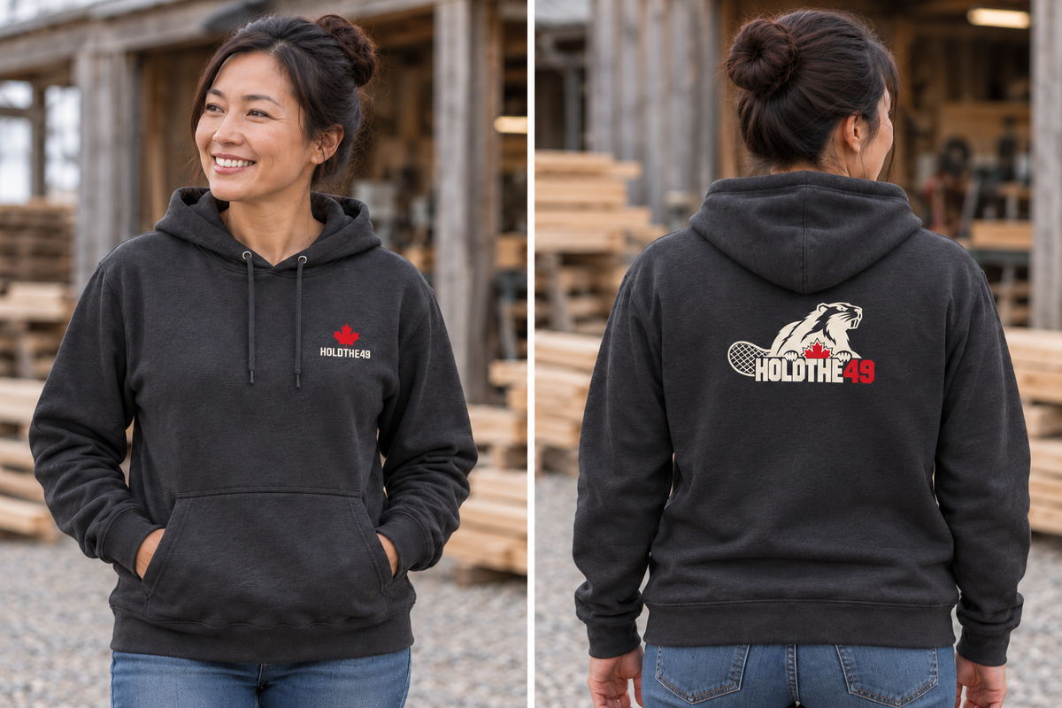 HOLDTHE49 Angry Beaver Hoodie, front and back lifestyle photo