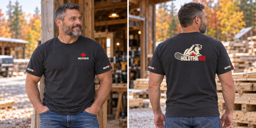HOLDTHE49 Angry Beaver Full Print Tee, front and back lifestyle photo