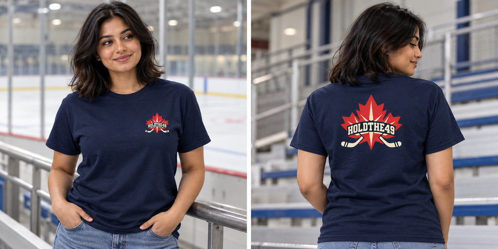 HOLDTHE49 Hockey Tee, front and back lifestyle photo