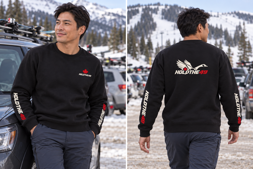 HOLDTHE49 Predator Goose Full Print Crewneck, front and back lifestyle photo