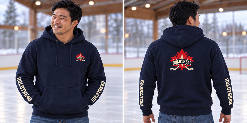 HOLDTHE49 Hockey Full Print Hoodie, front and back lifestyle photo