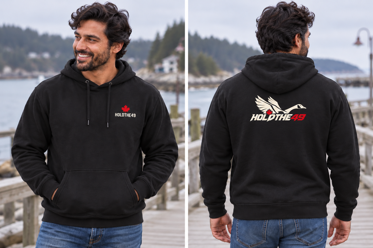 HOLDTHE49 Predator Goose Hoodie, front and back lifestyle photo