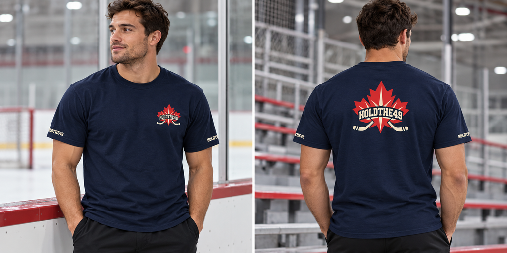 HOLDTHE49 Hockey Full Print Tee, front and back lifestyle photo