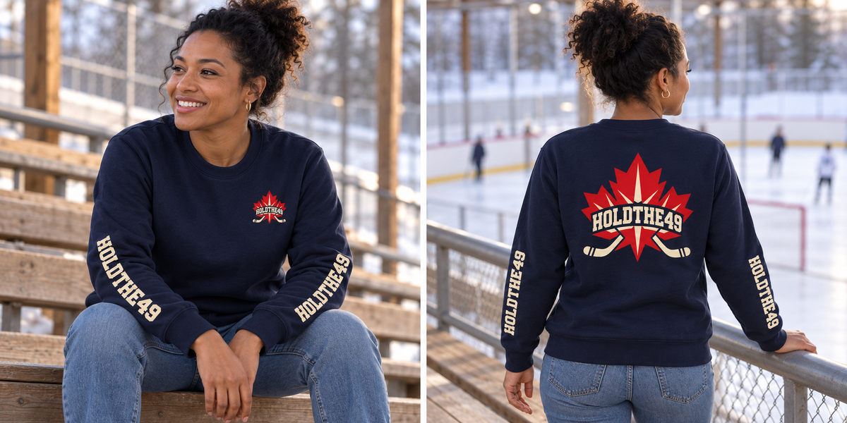 HOLDTHE49 Hockey Full Print Crewneck, front and back lifestyle photo