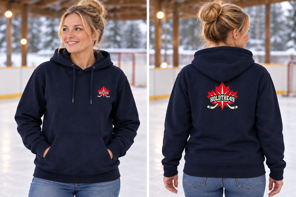 HOLDTHE49 Hockey Hoodie, front and back lifestyle photo